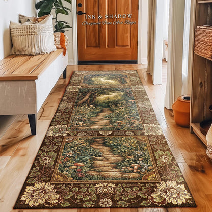 May include: A long, rectangular rug with a detailed forest scene. The rug features a pathway winding through trees and foliage, with a brown floral border. The text "INK & SHADOW Original Fine Art Rugs" is visible.