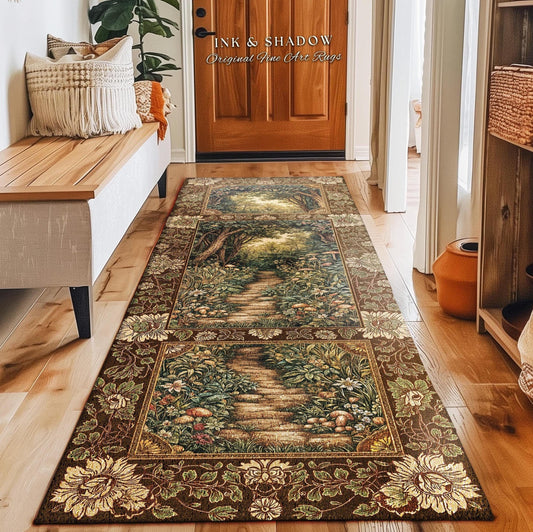 May include: A long, rectangular rug with a detailed forest scene. The rug features a pathway winding through trees and foliage, with a brown floral border. The text "INK & SHADOW Original Fine Art Rugs" is visible.