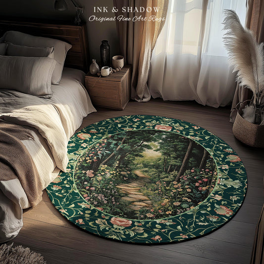 Woodland Forest Cottagecore Round Rug | Fairycore Aesthetic Magical Woodland Bedroom Emerald Green Home Decor Whimsigothic Floor Mat Indie |