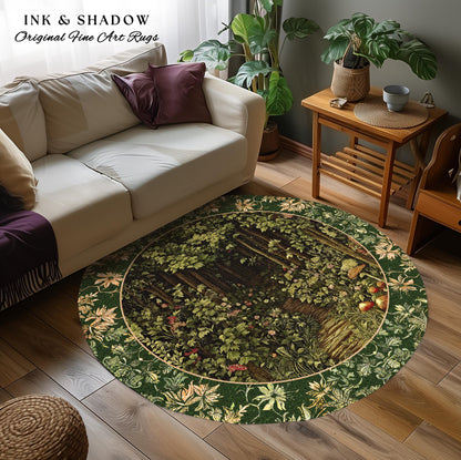 May include: A round rug featuring a forest scene with lush greenery and trees. The rug has a dark green border with floral accents and the text "INK & SHADOW Original Fine Art Rugs". The rug is placed on a wooden floor.
