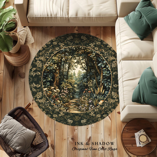 May include: A round rug with a forest scene in the center, surrounded by a dark green floral border. The rug features a pathway leading into a forest with trees and flowers. The text "INK & SHADOW Original Fine Art Rugs" is at the bottom.