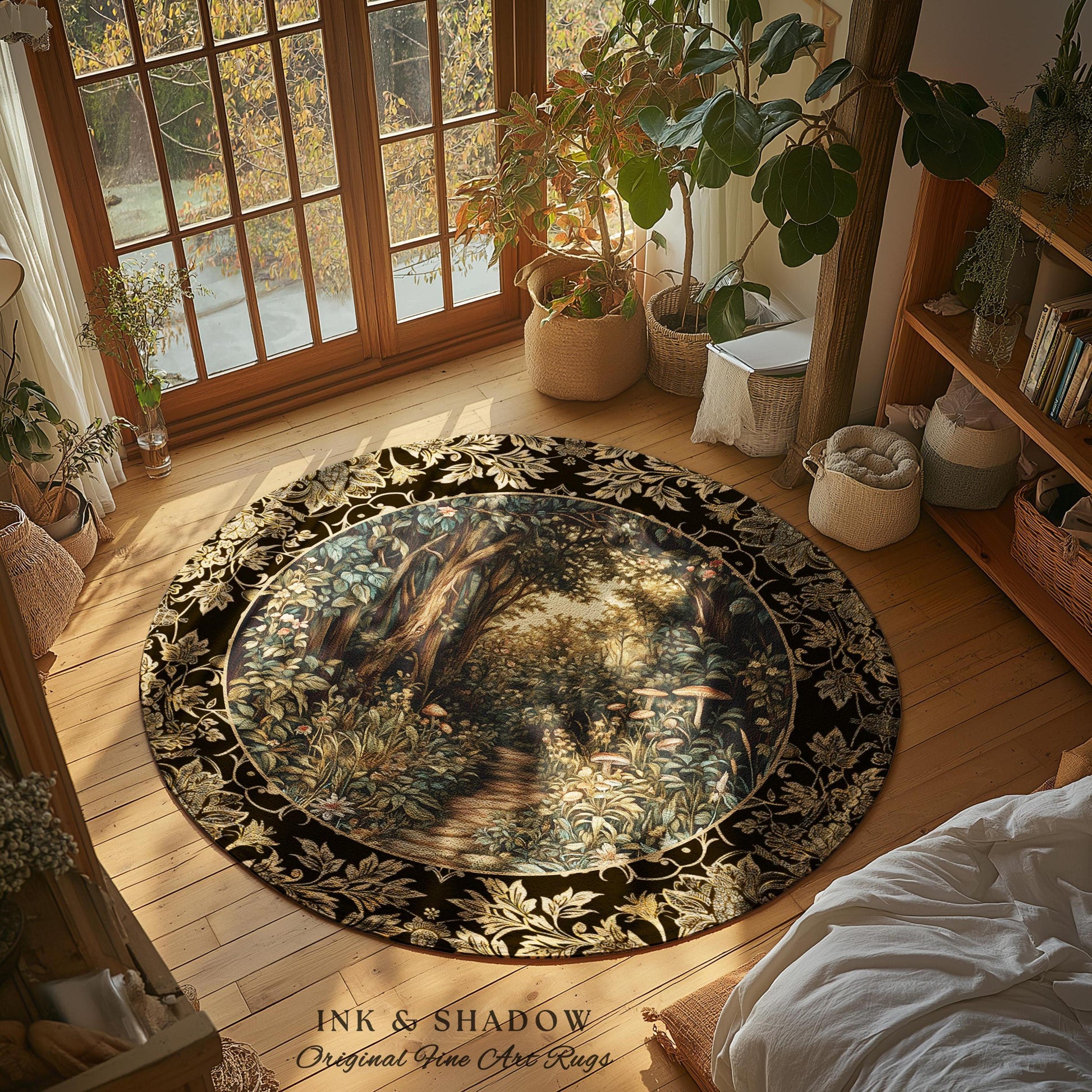 May include: A round rug with a forest scene in the center, surrounded by a black border with a gold leaf design. The rug is in a room with a large window and plants. The text "INK & SHADOW Original Fine Art Rugs" is at the bottom.