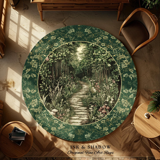 May include: A round green rug with a forest scene in the center. The rug has a floral border and a stone path leading into the woods. The text "INK & SHADOW Original Fine Art Rugs" is at the bottom.