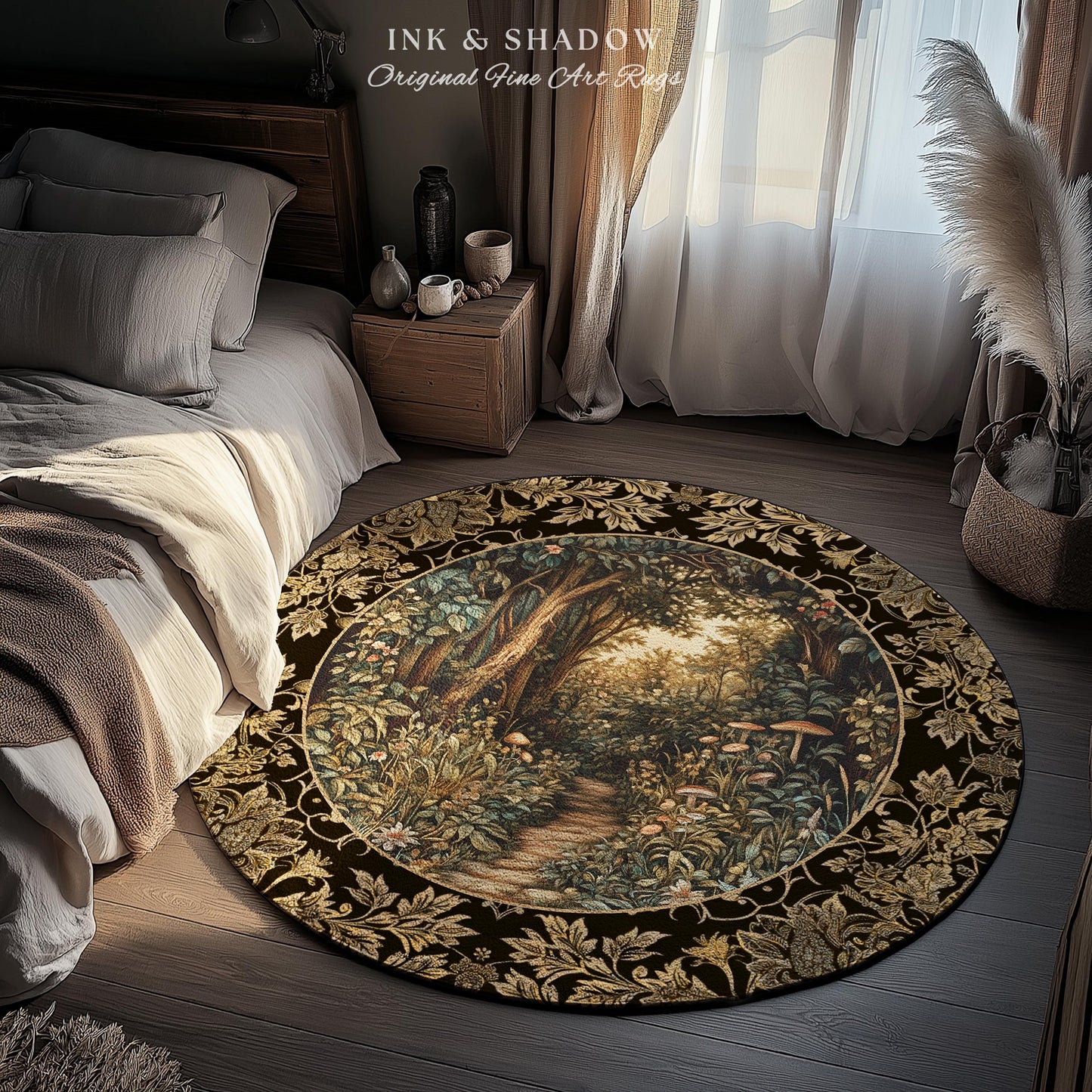 Mushroom Forest Magical Woodland Round Rug | Ethereal Mystic Academia Folklore Inspired Fairy Core Aesthetic Home Accent Rug Magical Whimsy