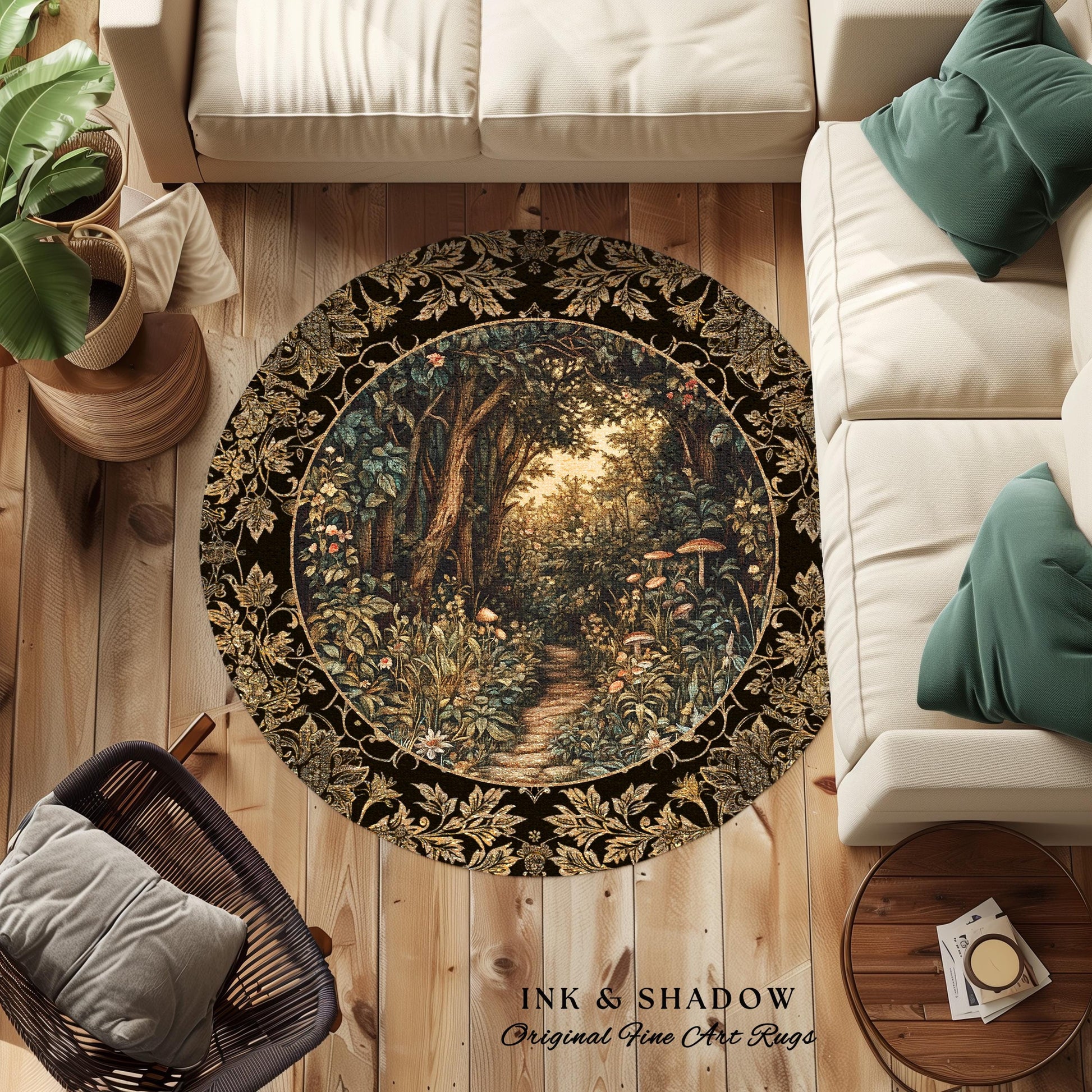 Mushroom Forest Magical Woodland Round Rug | Ethereal Mystic Academia Folklore Inspired Fairy Core Aesthetic Home Accent Rug Magical Whimsy