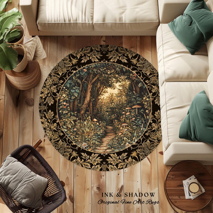 Mushroom Forest Magical Woodland Round Rug | Ethereal Mystic Academia Folklore Inspired Fairy Core Aesthetic Home Accent Rug Magical Whimsy