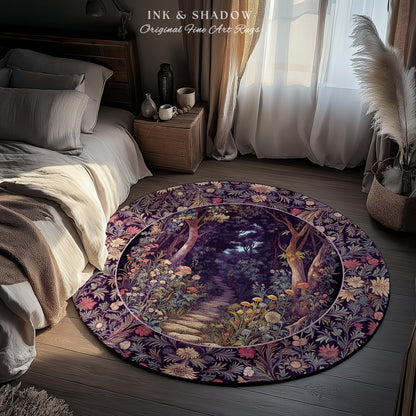 Magical Woodland Mushroom Round Rug | Fairytale Theme Woodland Botanical Aesthetic Whimsical Home Decor Bedroom Housewarming Gift Purple |