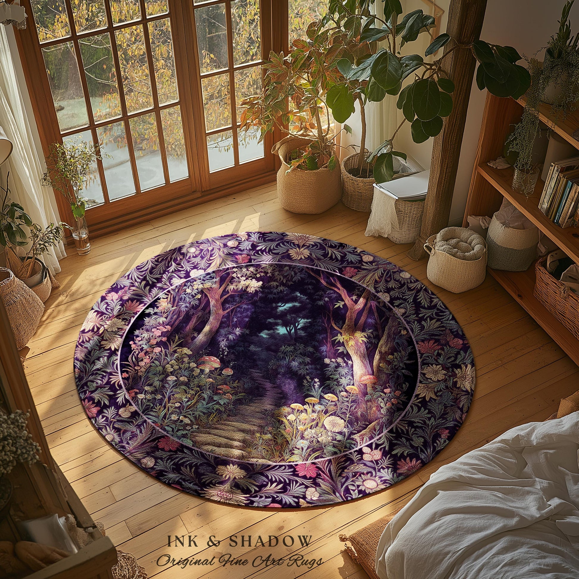 Magical Woodland Mushroom Round Rug | Fairytale Theme Woodland Botanical Aesthetic Whimsical Home Decor Bedroom Housewarming Gift Purple |