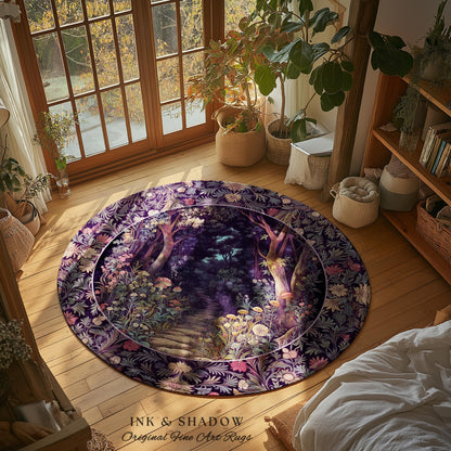 Magical Woodland Mushroom Round Rug | Fairytale Theme Woodland Botanical Aesthetic Whimsical Home Decor Bedroom Housewarming Gift Purple |