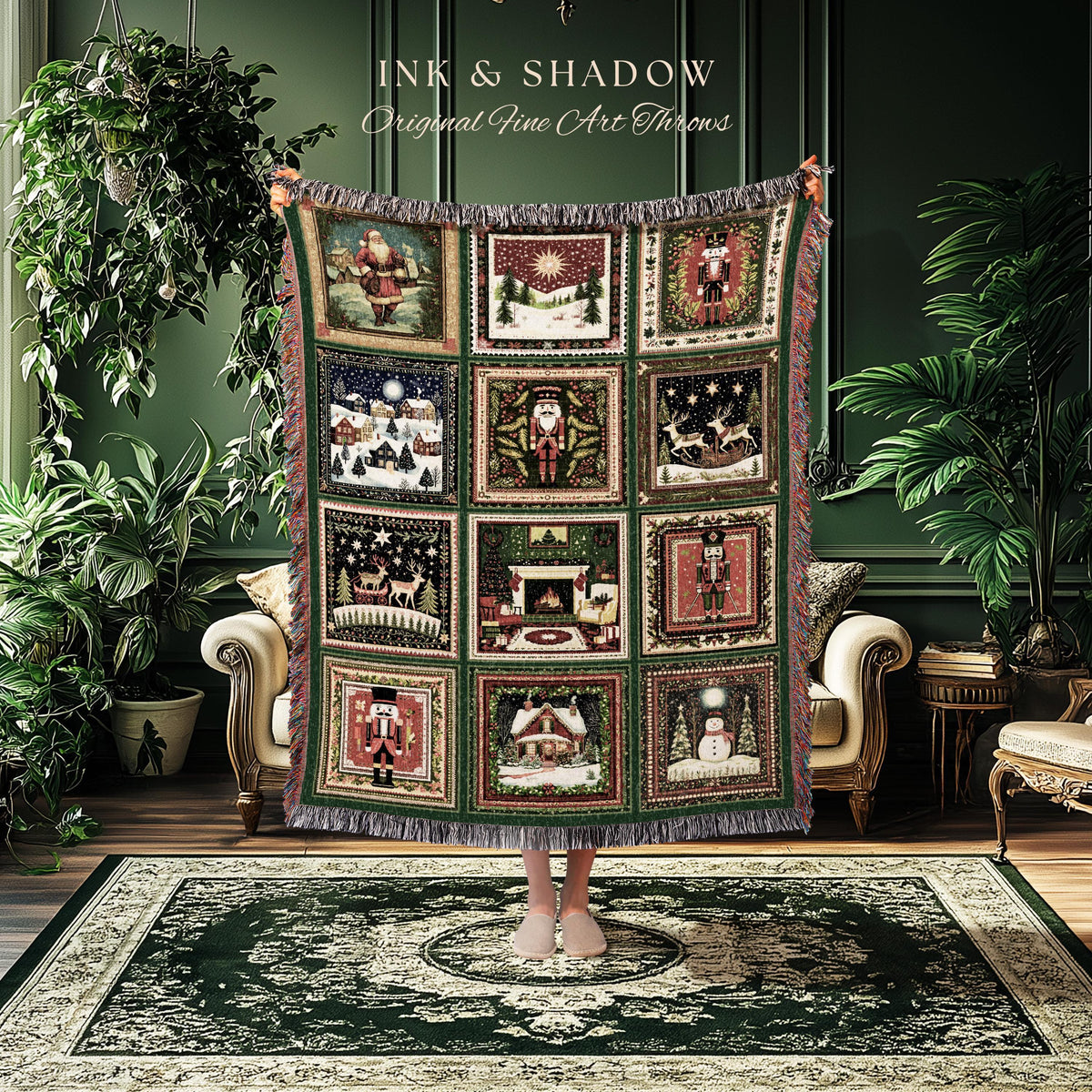 May include: A woven throw blanket with a grid of Christmas-themed squares. Each square features a different holiday scene, including Santa Claus, snow-covered landscapes, and nutcrackers. The blanket has a green border and fringe, with the text "INK & SHADOW Original Fine Art Throws".