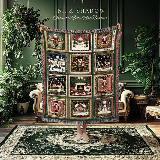 May include: A woven throw blanket with a grid of Christmas-themed squares. Each square features a different holiday scene, including Santa Claus, snow-covered landscapes, and nutcrackers. The blanket has a green border and fringe, with the text "INK & SHADOW Original Fine Art Throws".