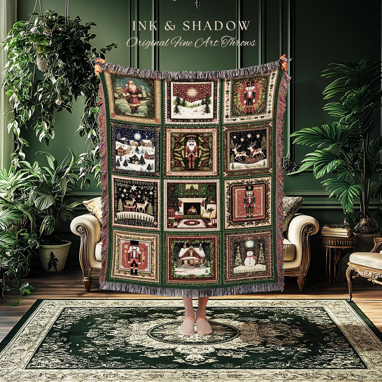 May include: A woven throw blanket with a grid of Christmas-themed squares. Each square features a different holiday scene, including Santa Claus, snow-covered landscapes, and nutcrackers. The blanket has a green border and fringe, with the text "INK & SHADOW Original Fine Art Throws".