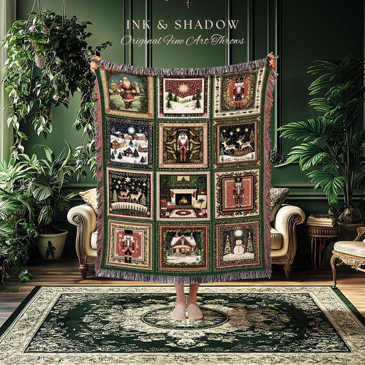 May include: A woven throw blanket with a grid of Christmas-themed squares. Each square features a different holiday scene, including Santa Claus, snow-covered landscapes, and nutcrackers. The blanket has a green border and fringe, with the text "INK & SHADOW Original Fine Art Throws".