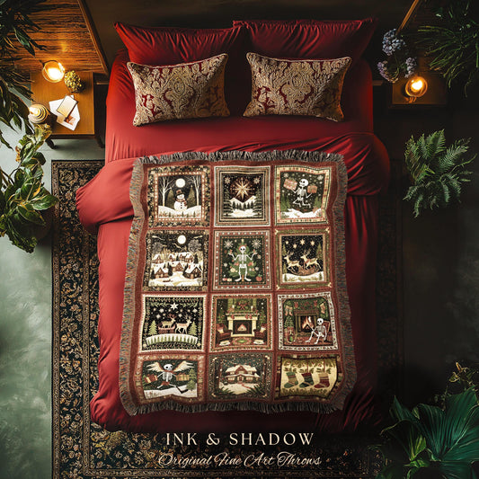 May include: A woven throw blanket with a repeating pattern of winter scenes, including snowmen, stars, and skeletons. The blanket is primarily burgundy, with black and green accents. The text "INK & SHADOW Original Fine Art Throws" is at the bottom.