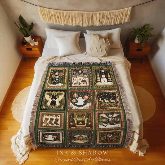 Retro Festive Skeleton Xmas Blanket | Merry Gothmas Christmas Season Cozy Seasonal Holiday Gift Cottagecore Ghost Winter Witchy Skeleton |