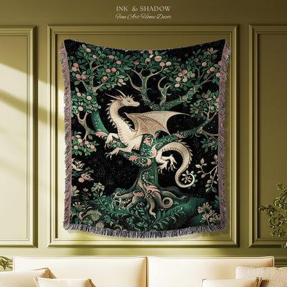 Enchanted Forest Dragon Tapestry Blanket Dark Woodland Gothic Decor | Mystical Cottagecore Aesthetic Vintage Medieval Charm Renaissance Art