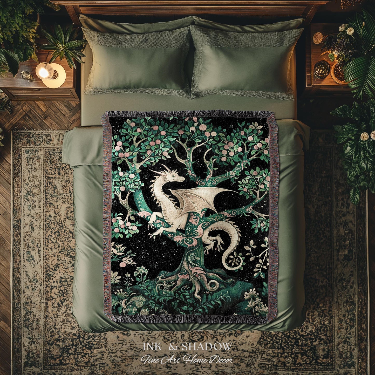 Enchanted Forest Dragon Tapestry Blanket Dark Woodland Gothic Decor | Mystical Cottagecore Aesthetic Vintage Medieval Charm Renaissance Art