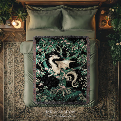 Enchanted Forest Dragon Tapestry Blanket Dark Woodland Gothic Decor | Mystical Cottagecore Aesthetic Vintage Medieval Charm Renaissance Art