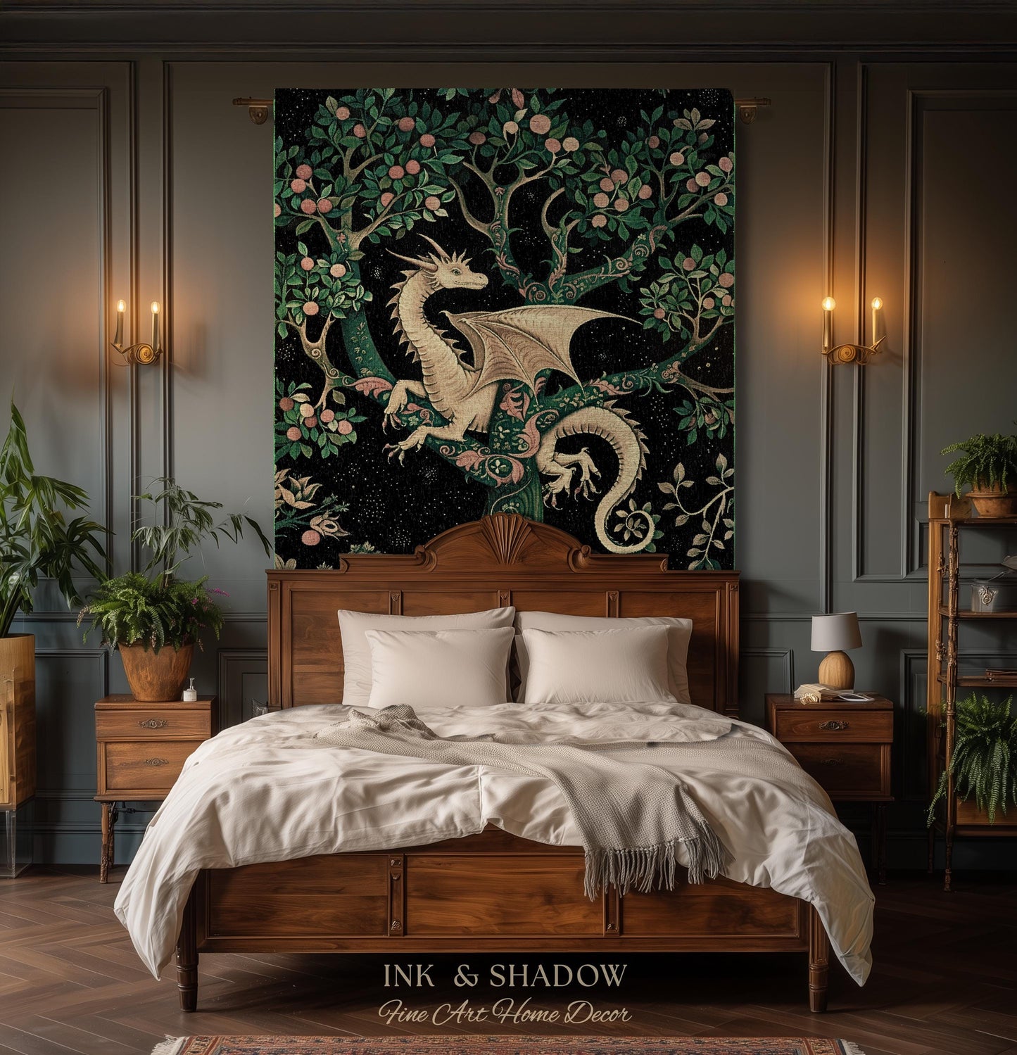 Enchanted Forest Dragon Tapestry Blanket Dark Woodland Gothic Decor | Mystical Cottagecore Aesthetic Vintage Medieval Charm Renaissance Art