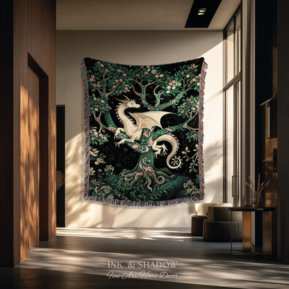 Enchanted Forest Dragon Tapestry Blanket Dark Woodland Gothic Decor | Mystical Cottagecore Aesthetic Vintage Medieval Charm Renaissance Art