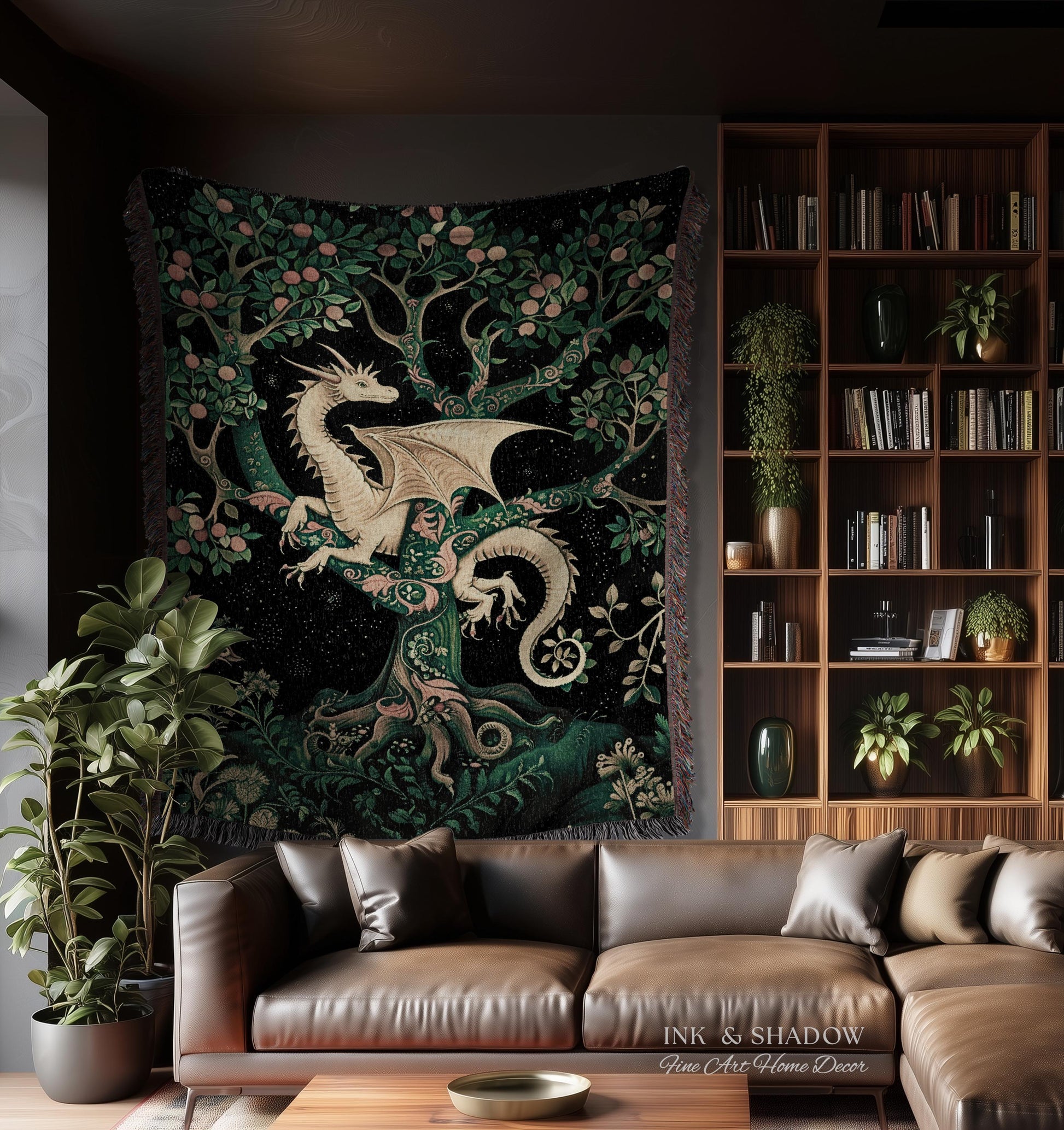 Enchanted Forest Dragon Tapestry Blanket Dark Woodland Gothic Decor | Mystical Cottagecore Aesthetic Vintage Medieval Charm Renaissance Art