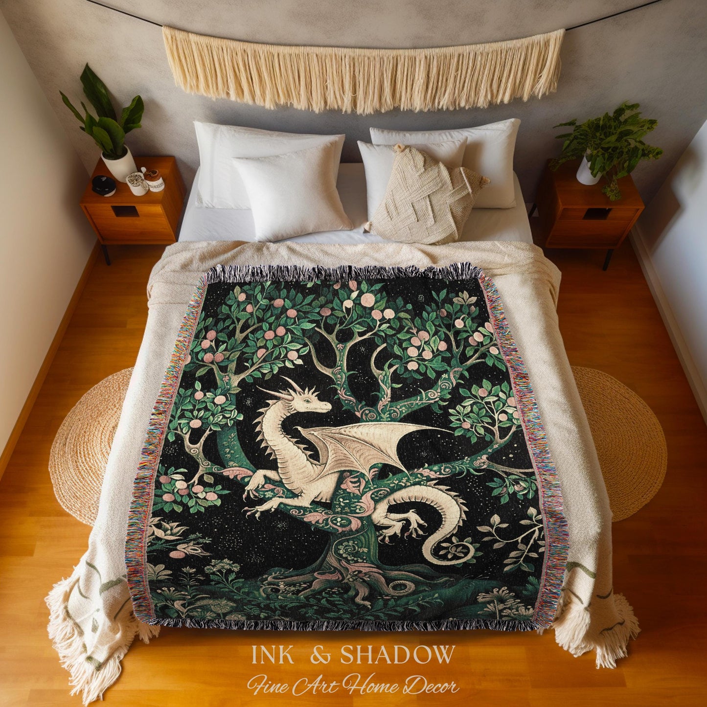 Enchanted Forest Dragon Tapestry Blanket Dark Woodland Gothic Decor | Mystical Cottagecore Aesthetic Vintage Medieval Charm Renaissance Art