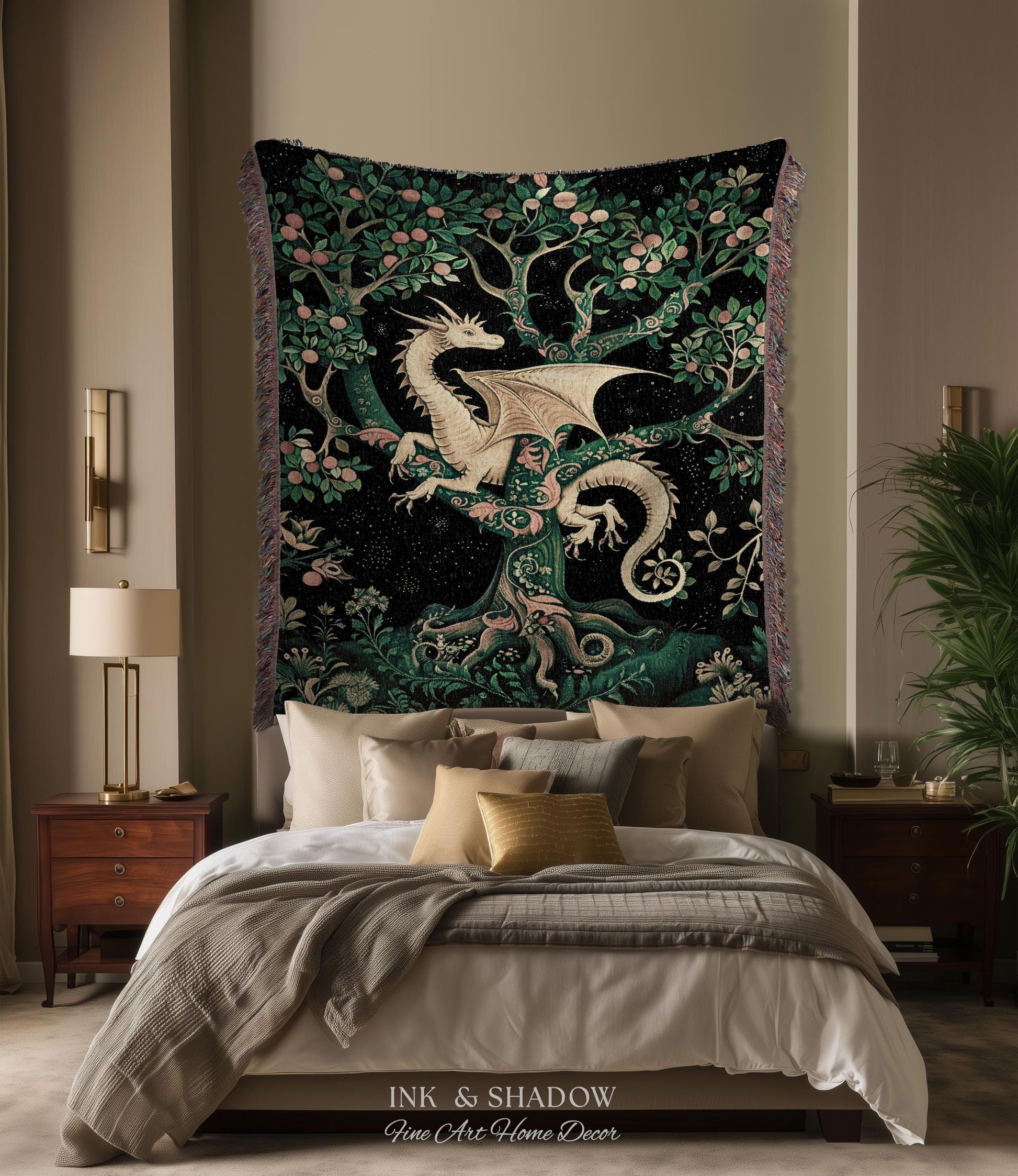 Enchanted Forest Dragon Tapestry Blanket Dark Woodland Gothic Decor | Mystical Cottagecore Aesthetic Vintage Medieval Charm Renaissance Art