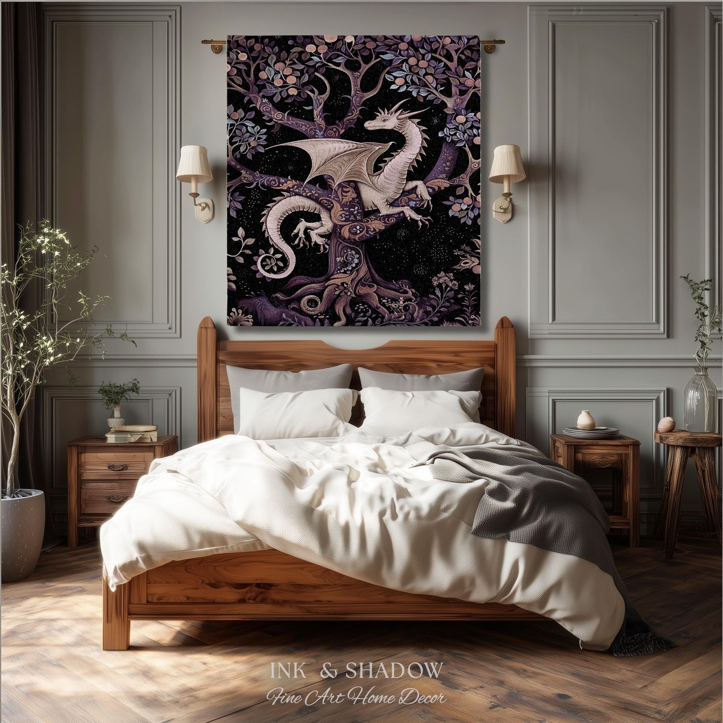 Bohemian Mystic Dragon Tapestry Blanket Whimsical Celestial Night Dark Nature Art | Boho Fantasy Decor Eclectic Purple Mystic Forest Throw