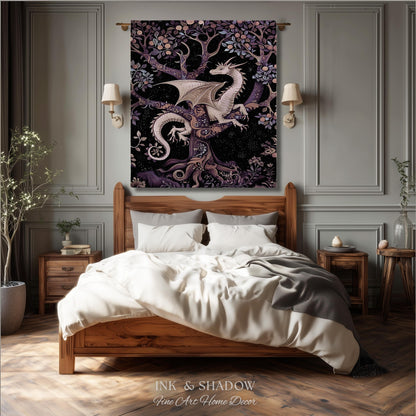Bohemian Mystic Dragon Tapestry Blanket Whimsical Celestial Night Dark Nature Art | Boho Fantasy Decor Eclectic Purple Mystic Forest Throw