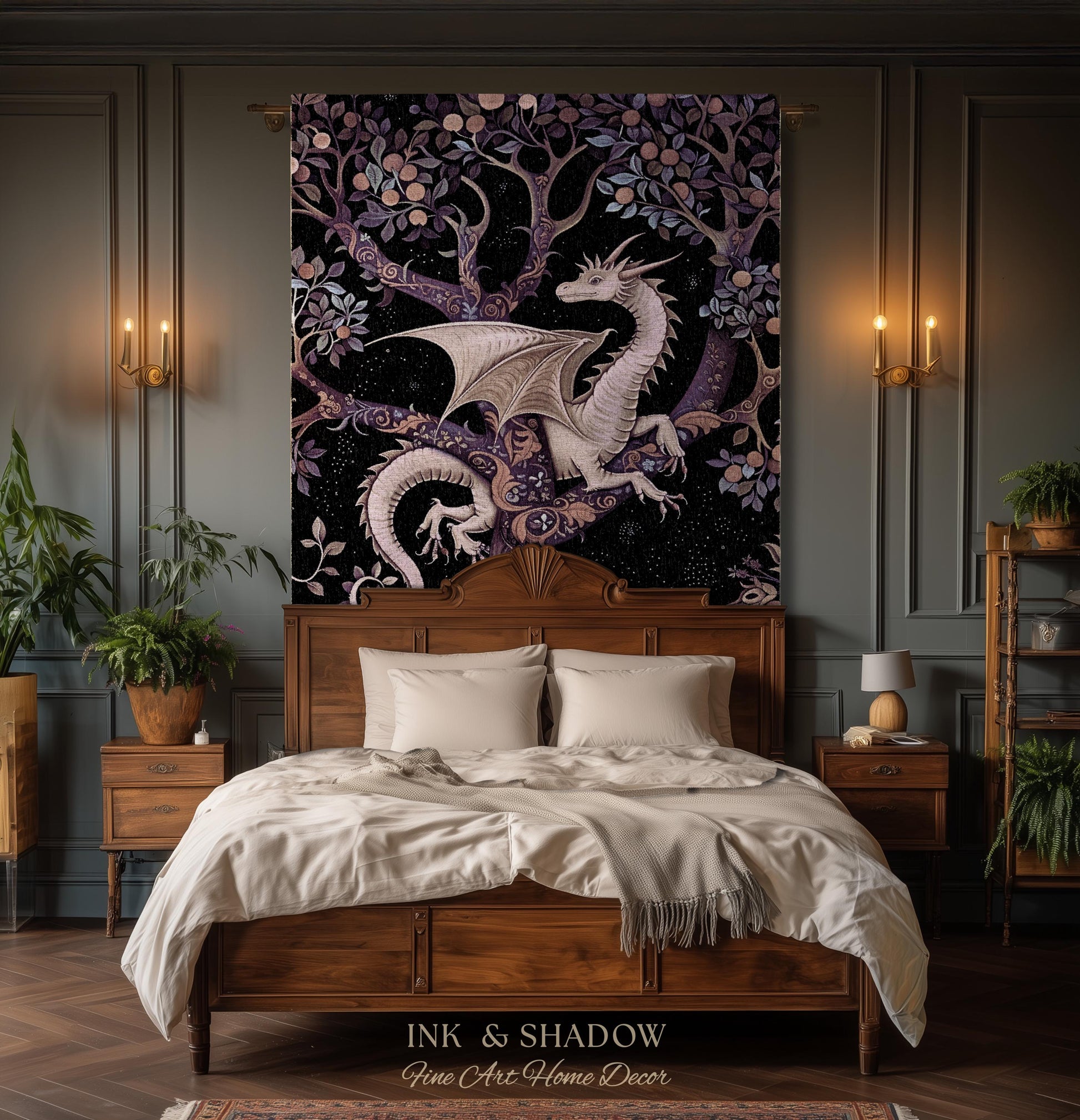 Bohemian Mystic Dragon Tapestry Blanket Whimsical Celestial Night Dark Nature Art | Boho Fantasy Decor Eclectic Purple Mystic Forest Throw