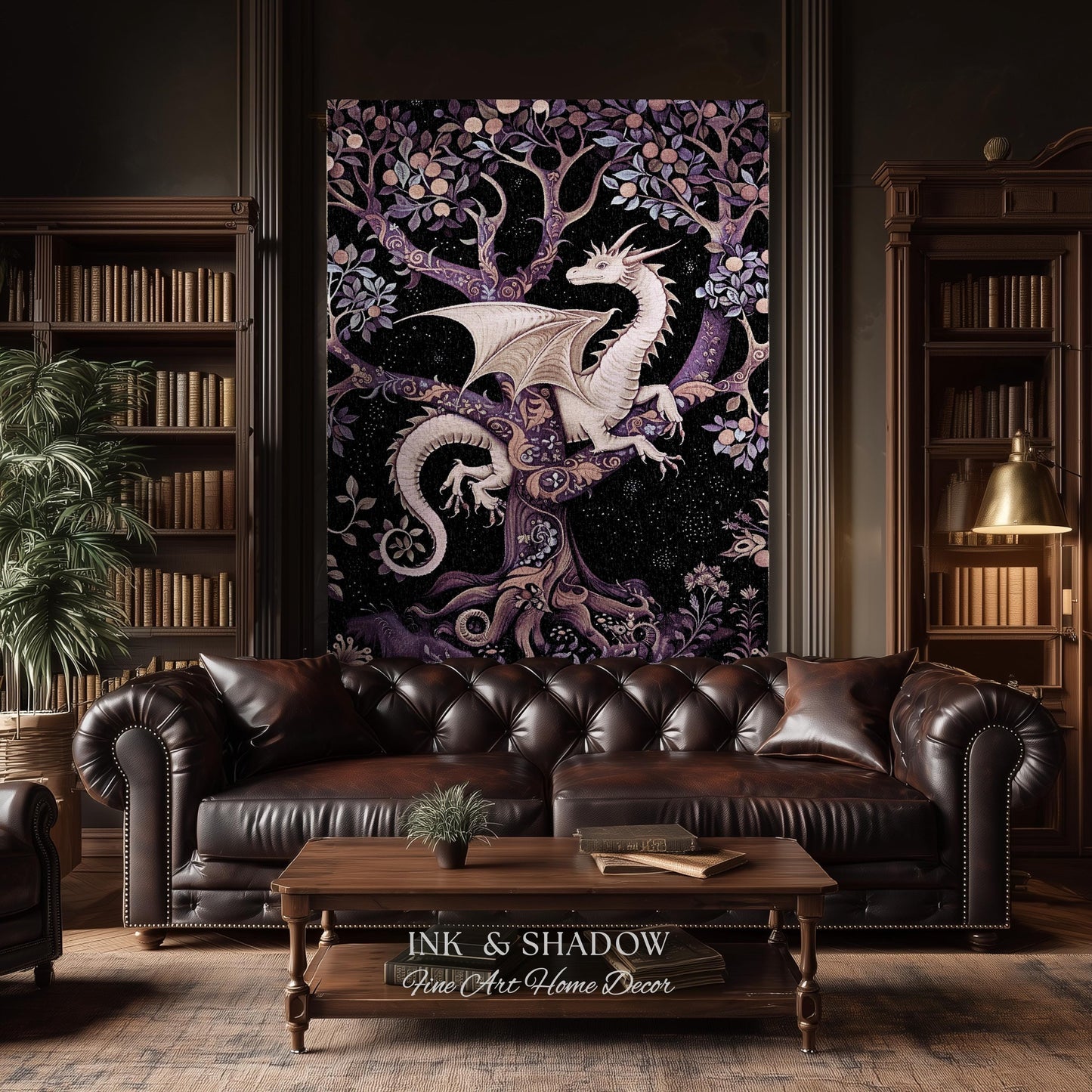 Bohemian Mystic Dragon Tapestry Blanket Whimsical Celestial Night Dark Nature Art | Boho Fantasy Decor Eclectic Purple Mystic Forest Throw
