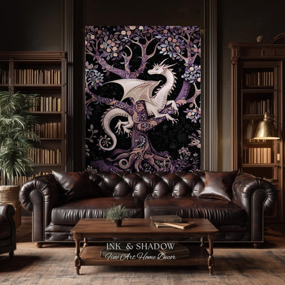 Bohemian Mystic Dragon Tapestry Blanket Whimsical Celestial Night Dark Nature Art | Boho Fantasy Decor Eclectic Purple Mystic Forest Throw