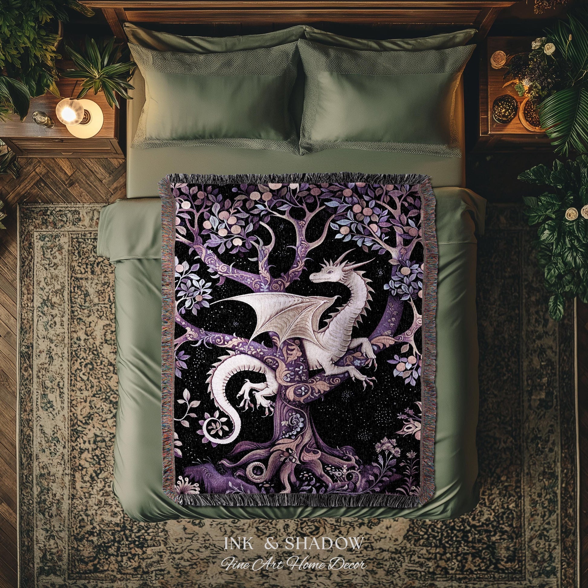 Bohemian Mystic Dragon Tapestry Blanket Whimsical Celestial Night Dark Nature Art | Boho Fantasy Decor Eclectic Purple Mystic Forest Throw