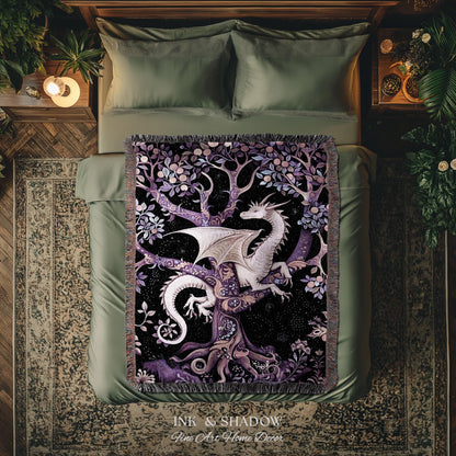 Bohemian Mystic Dragon Tapestry Blanket Whimsical Celestial Night Dark Nature Art | Boho Fantasy Decor Eclectic Purple Mystic Forest Throw