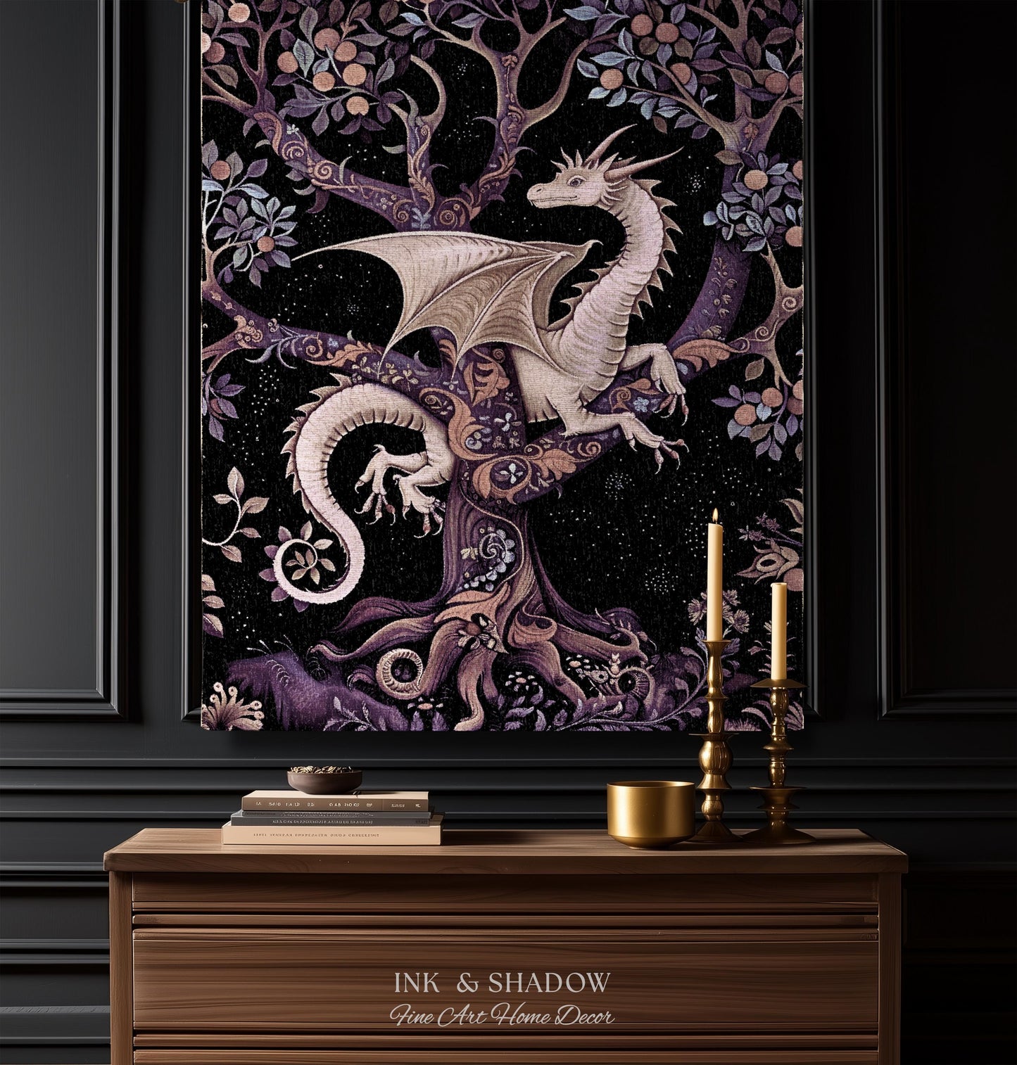 Bohemian Mystic Dragon Tapestry Blanket Whimsical Celestial Night Dark Nature Art | Boho Fantasy Decor Eclectic Purple Mystic Forest Throw