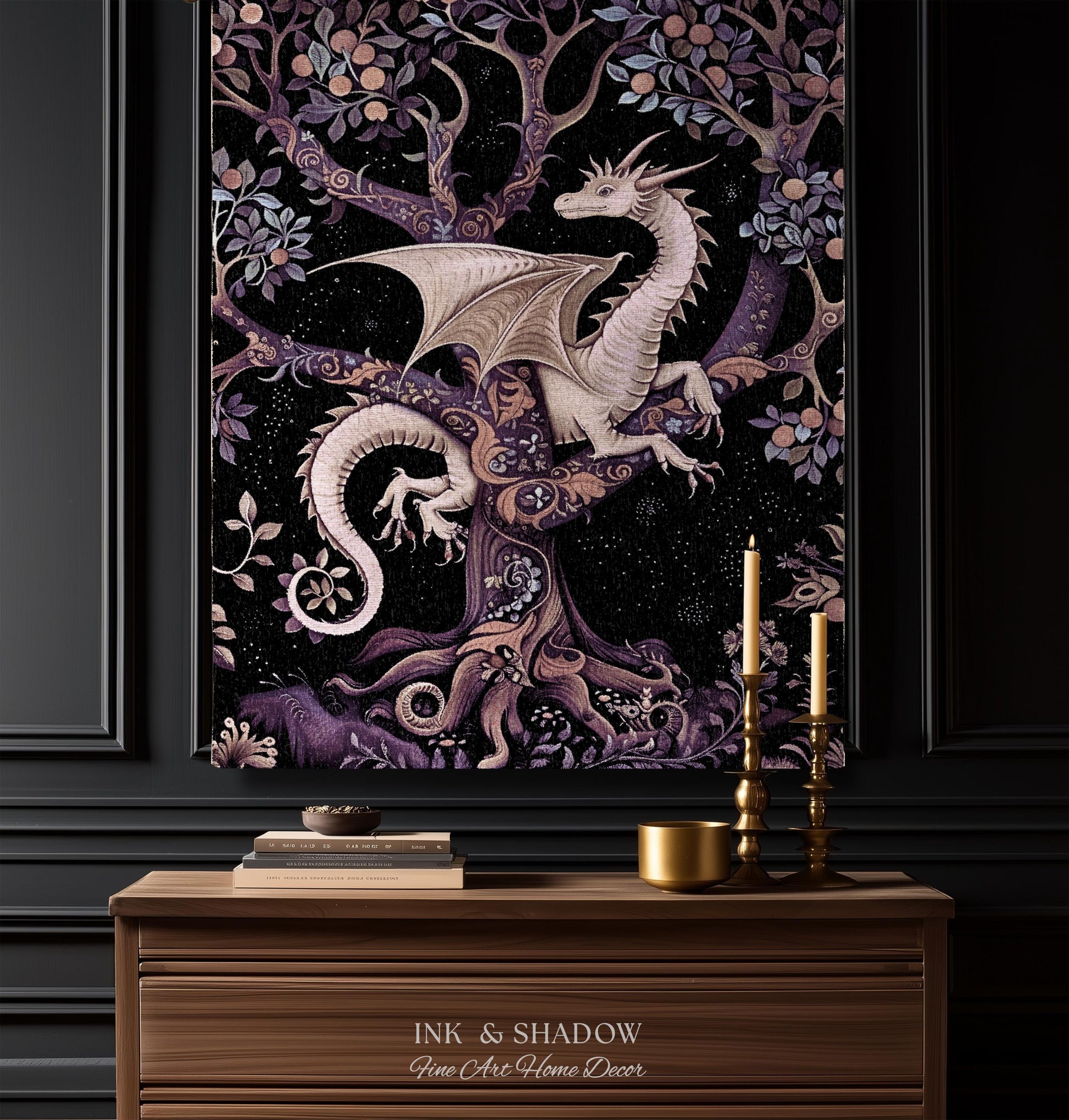 Bohemian Mystic Dragon Tapestry Blanket Whimsical Celestial Night Dark Nature Art | Boho Fantasy Decor Eclectic Purple Mystic Forest Throw