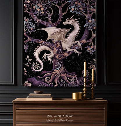 Bohemian Mystic Dragon Tapestry Blanket Whimsical Celestial Night Dark Nature Art | Boho Fantasy Decor Eclectic Purple Mystic Forest Throw