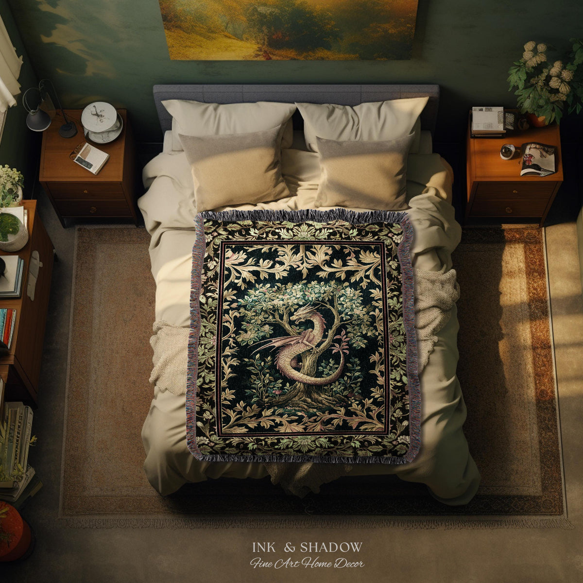Ornate Victorian Gothic Dragon Blanket Enchanted Baroque Medieval Forestcore Tapestry Throw Mystical Vintage Fantasy Whimsical Woodland Home