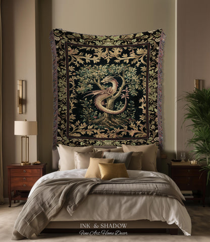 Ornate Victorian Gothic Dragon Blanket Enchanted Baroque Medieval Forestcore Tapestry Throw Mystical Vintage Fantasy Whimsical Woodland Home