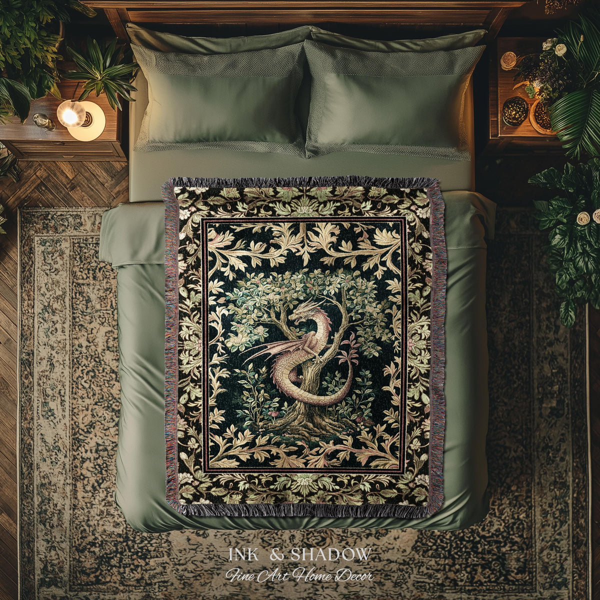 Ornate Victorian Gothic Dragon Blanket Enchanted Baroque Medieval Forestcore Tapestry Throw Mystical Vintage Fantasy Whimsical Woodland Home