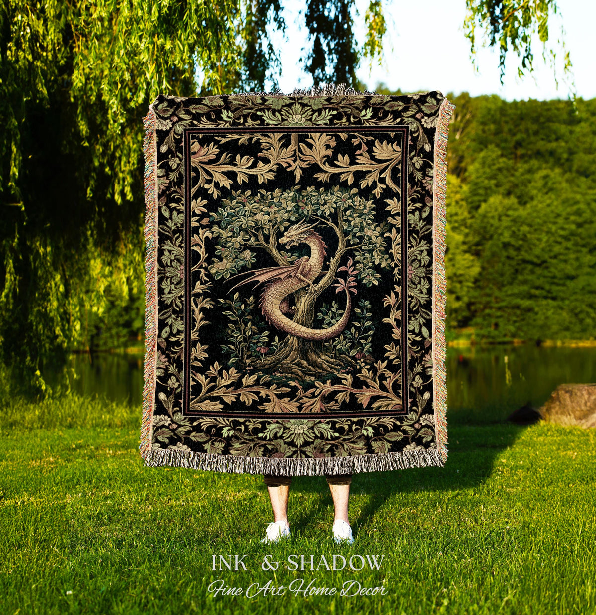 Ornate Victorian Gothic Dragon Blanket Enchanted Baroque Medieval Forestcore Tapestry Throw Mystical Vintage Fantasy Whimsical Woodland Home