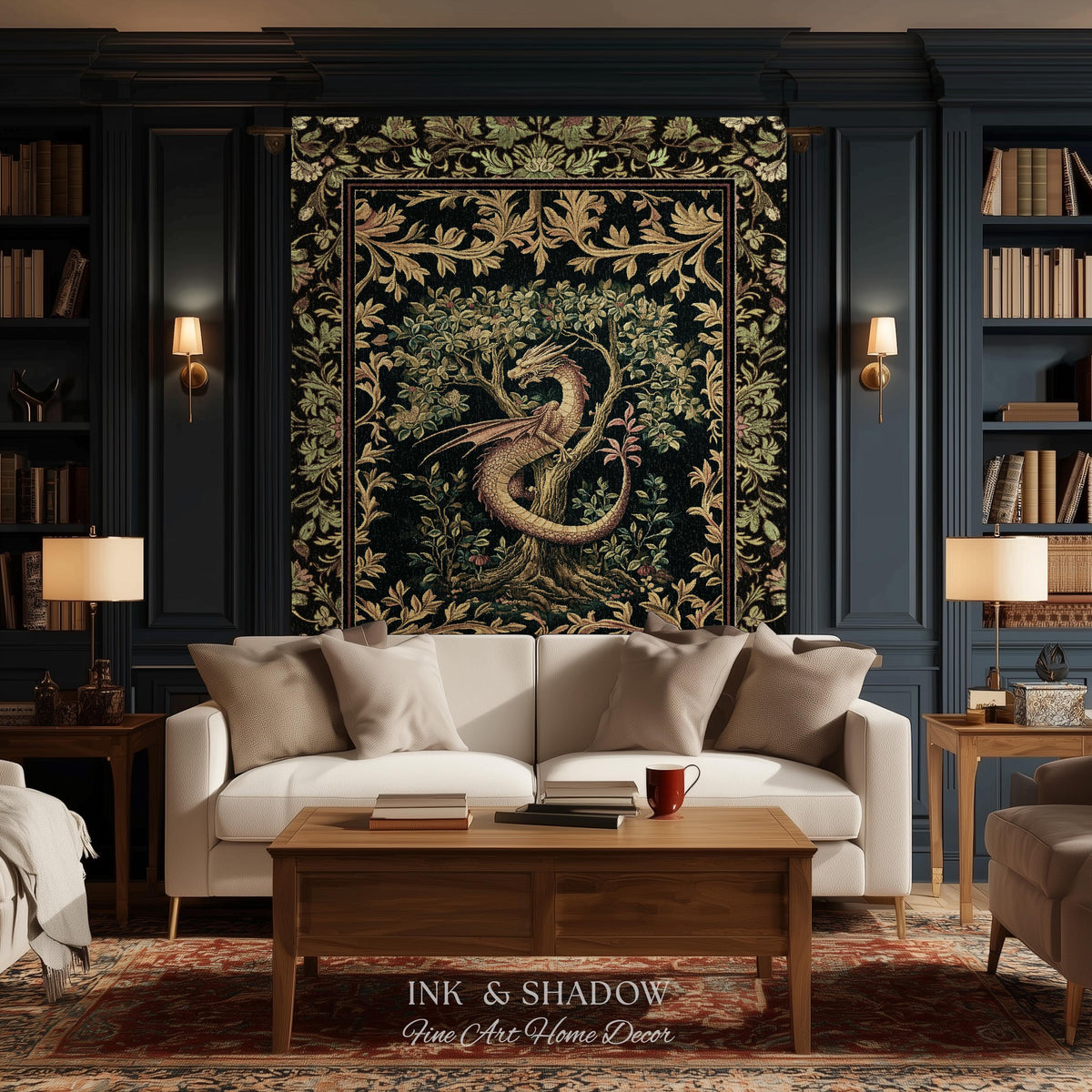 Ornate Victorian Gothic Dragon Blanket Enchanted Baroque Medieval Forestcore Tapestry Throw Mystical Vintage Fantasy Whimsical Woodland Home