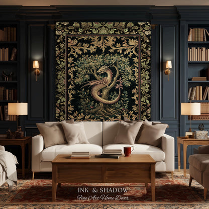 Ornate Victorian Gothic Dragon Blanket Enchanted Baroque Medieval Forestcore Tapestry Throw Mystical Vintage Fantasy Whimsical Woodland Home