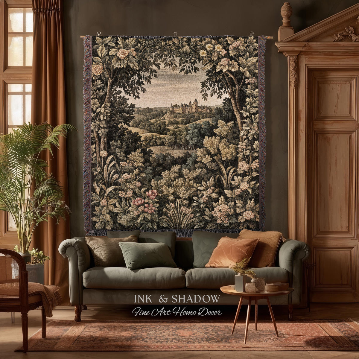 Medieval Meadow Tapestry Blanket | Rustic Fairytale Castle Landscape Woodland Fairy Folklore Princesscore Aesthetic Mystic Victorian Floral