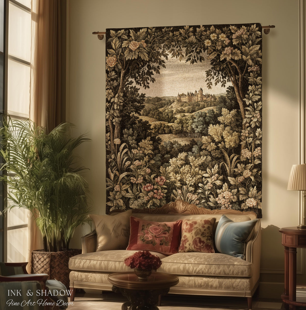 Medieval Meadow Tapestry Blanket | Rustic Fairytale Castle Landscape Woodland Fairy Folklore Princesscore Aesthetic Mystic Victorian Floral