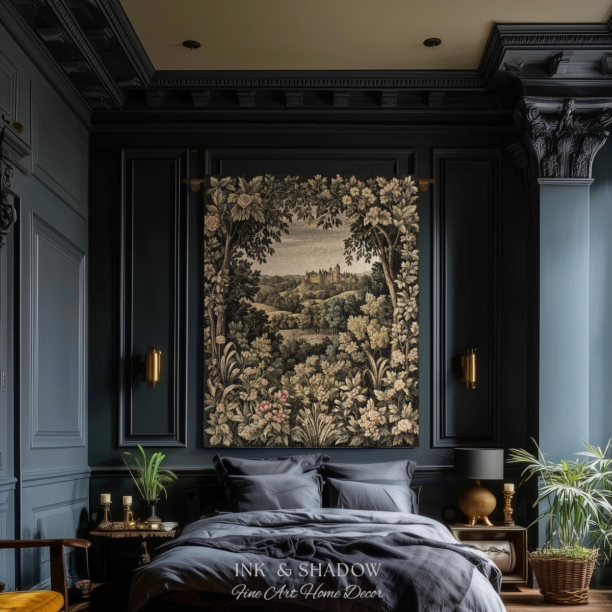 Medieval Meadow Tapestry Blanket | Rustic Fairytale Castle Landscape Woodland Fairy Folklore Princesscore Aesthetic Mystic Victorian Floral