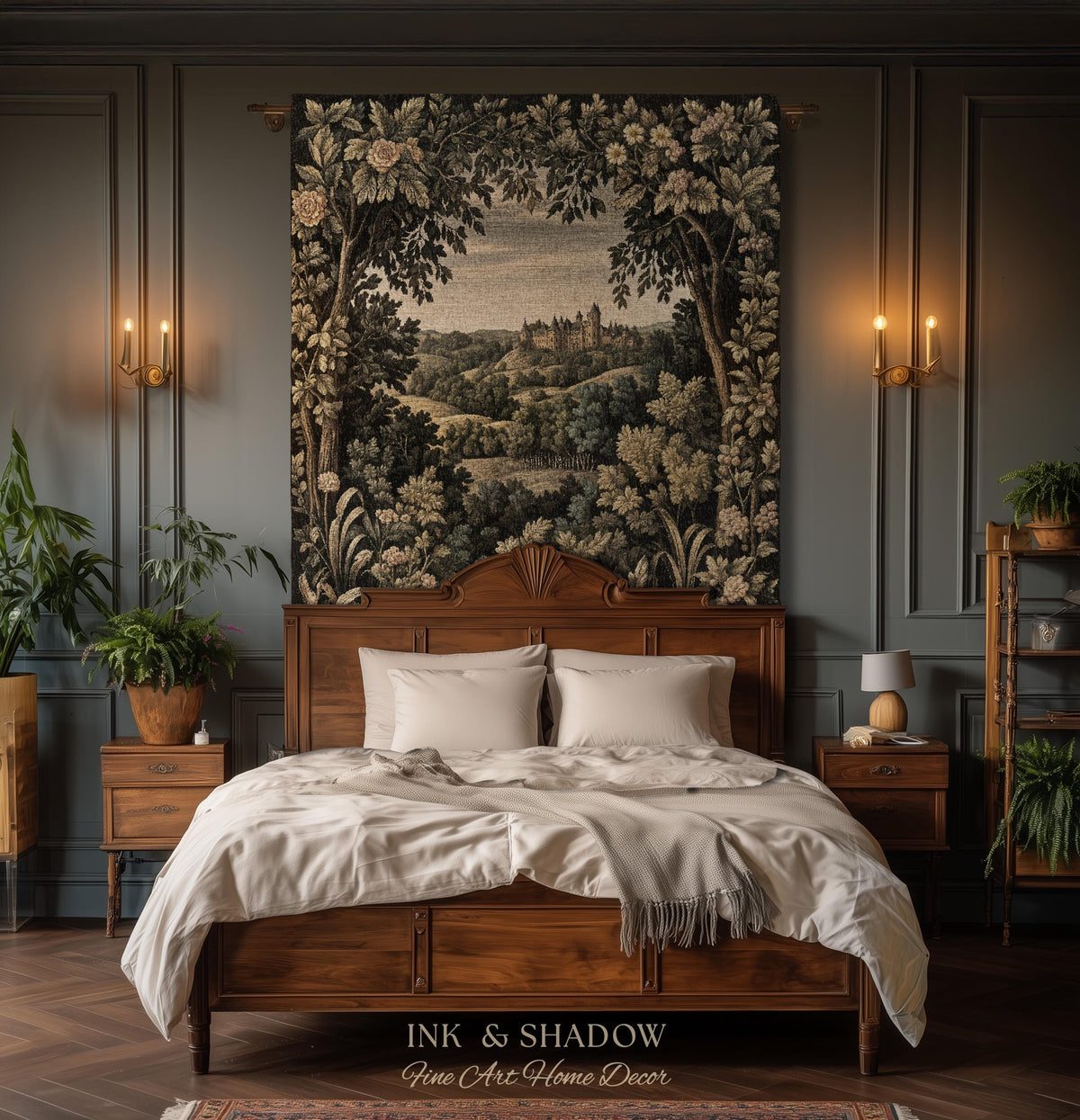 Medieval Meadow Tapestry Blanket | Rustic Fairytale Castle Landscape Woodland Fairy Folklore Princesscore Aesthetic Mystic Victorian Floral