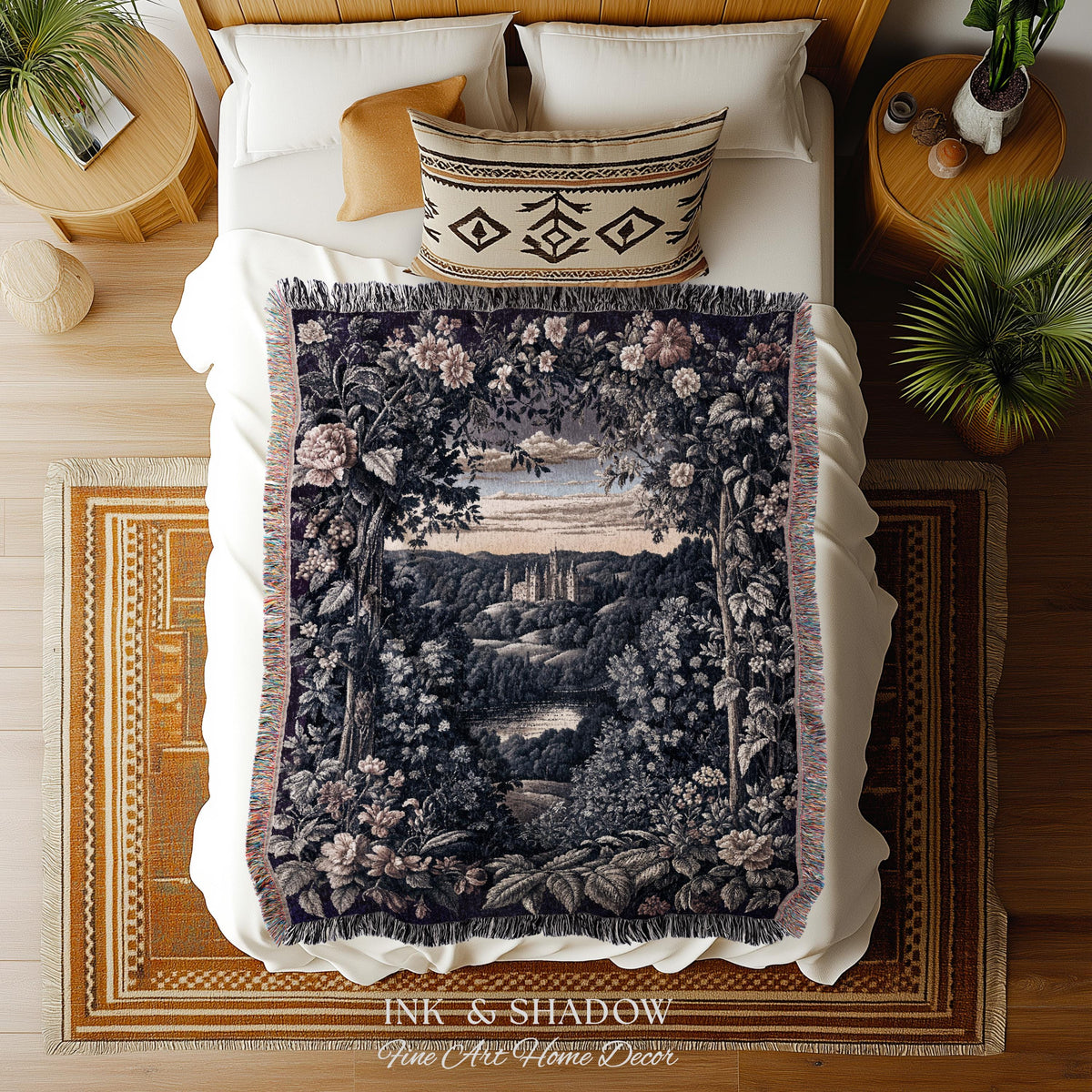 Pastel Fairy Aesthetic Wall Tapestry | Ethereal Woodland Floral Royalcore Woven Blanket Botanical Landscape Medieval Princess Rustic Decor