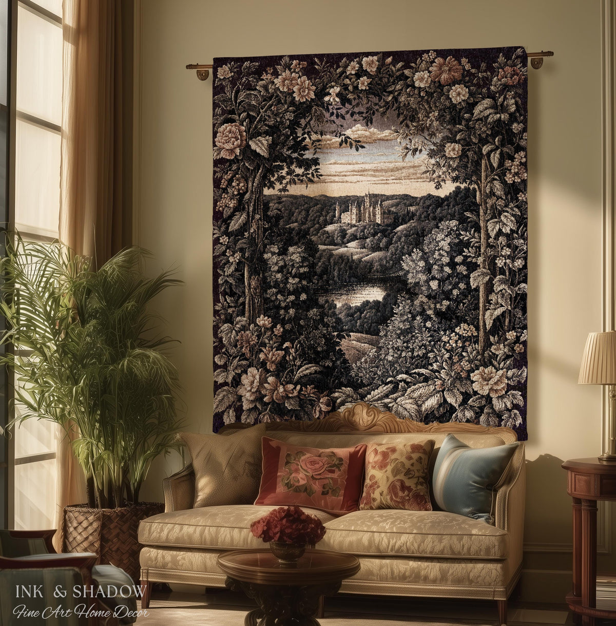 Pastel Fairy Aesthetic Wall Tapestry | Ethereal Woodland Floral Royalcore Woven Blanket Botanical Landscape Medieval Princess Rustic Decor