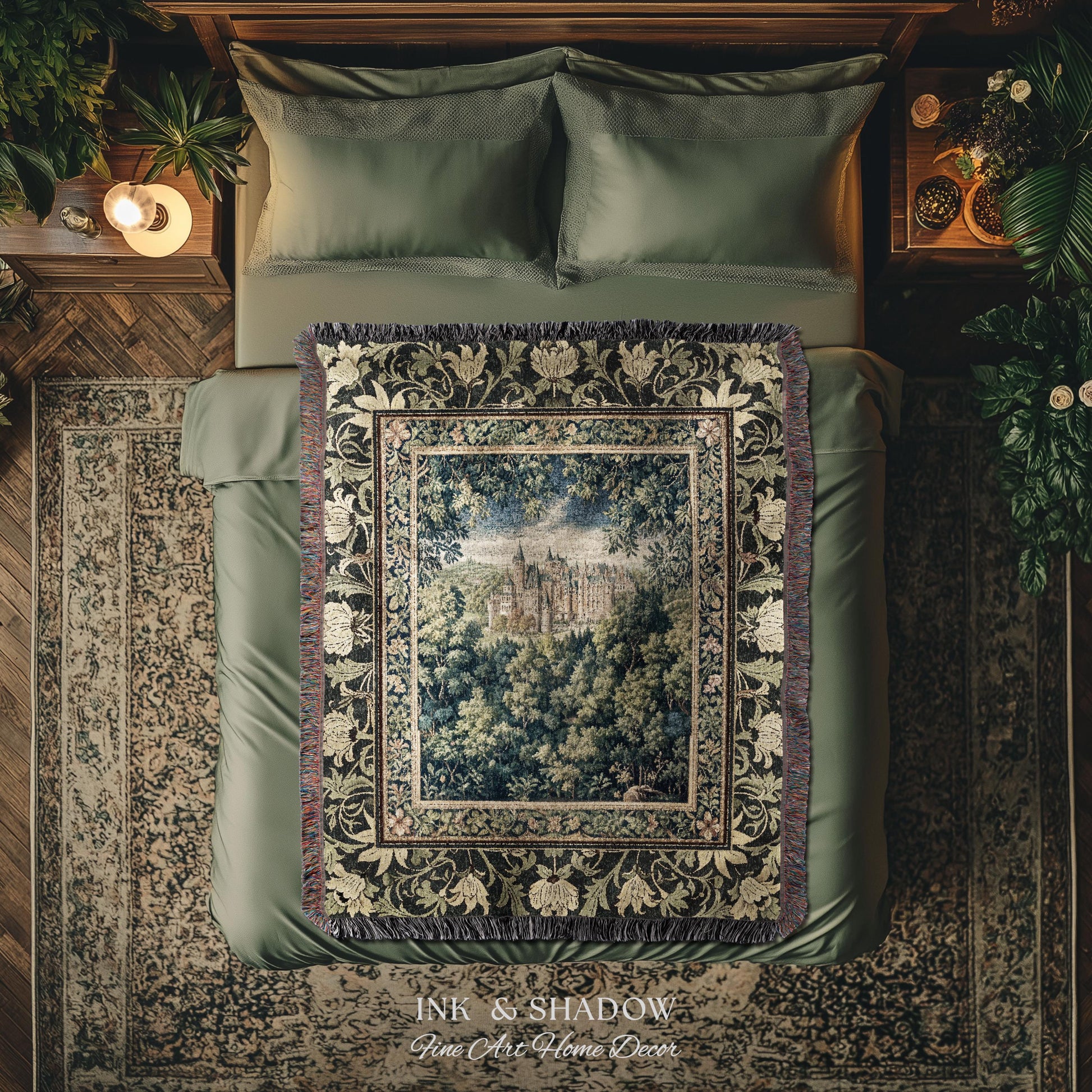 Ethereal Fairytale Fantasy Castle Tapestry | Dark Academia Woodland Fairy Folklore Princess Aesthetic Magical Landscape Forestcore Romantic